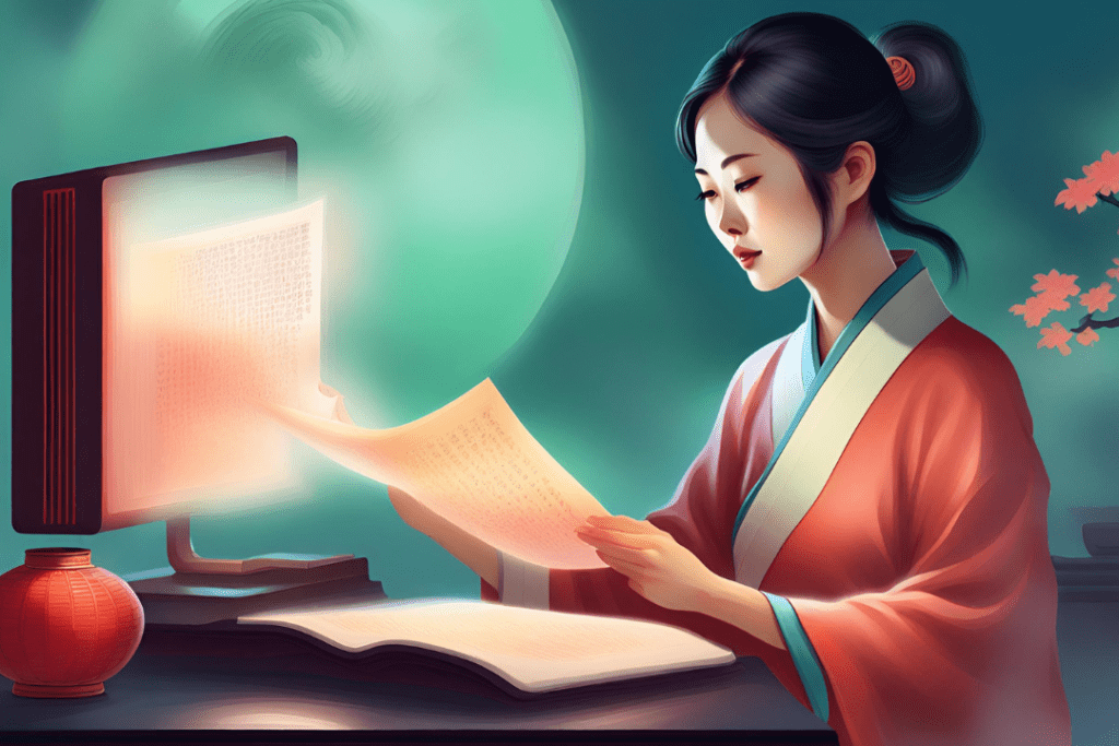 chinese woman translating documents